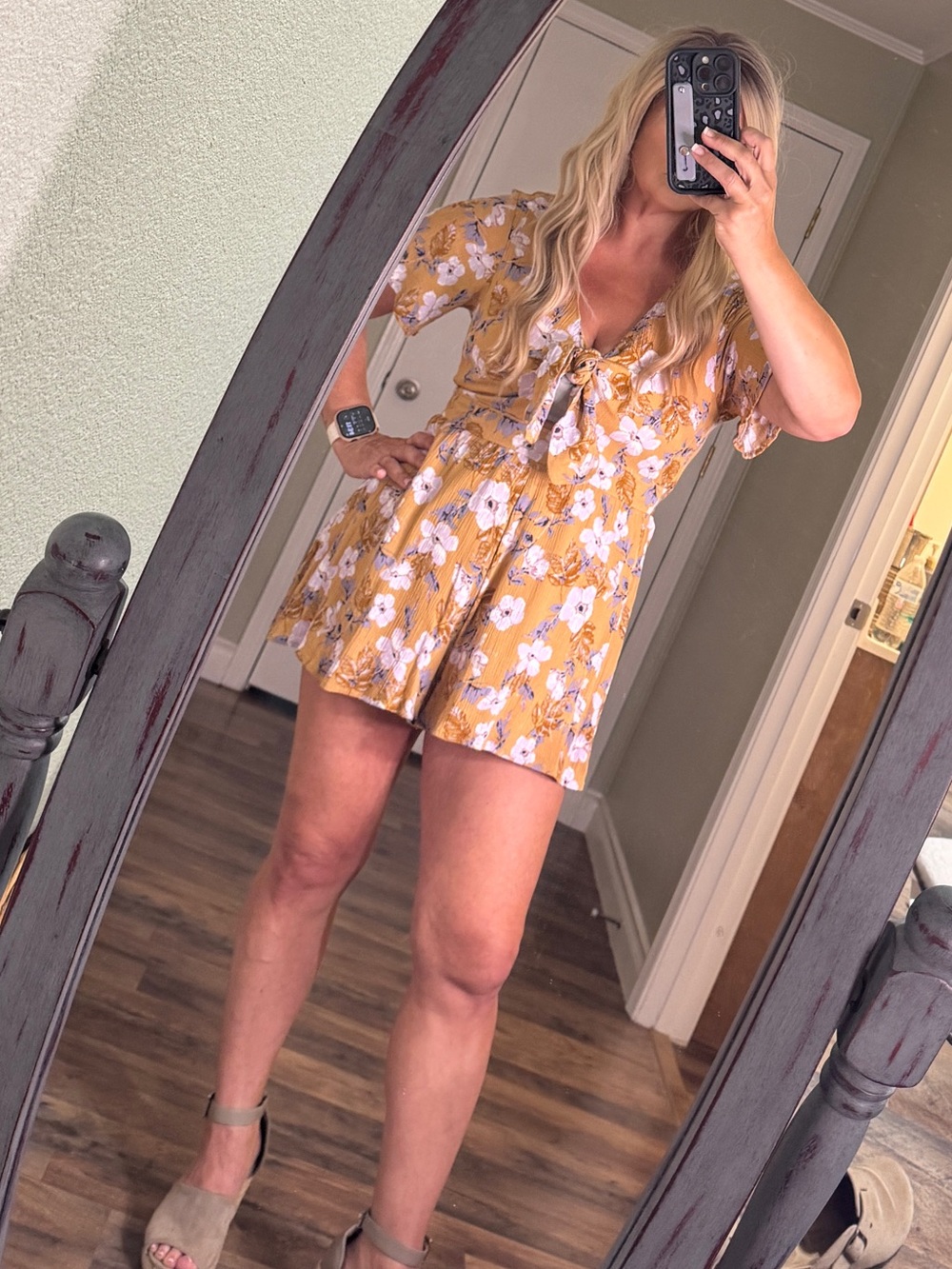 entro Mustard Floral V-Neck Romper with Lavender Accents